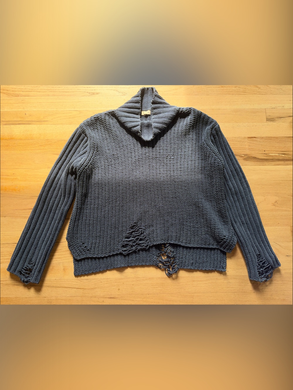 POL Cozy Distressed Cowl-Neck Sweater in Blue